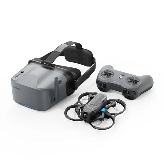 Top view Aquila20 FPV Kit full package with whoop drone, LiteRadio 4 SE transmitter, and FPV goggles