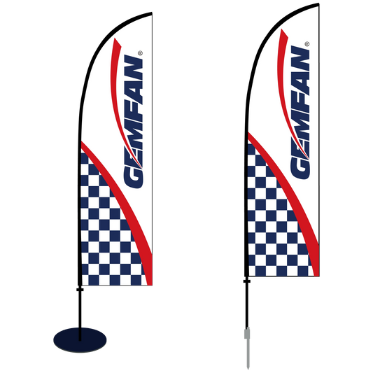 Two promotional flags with a checkered design and 'GEMFAN' branding on a white background.